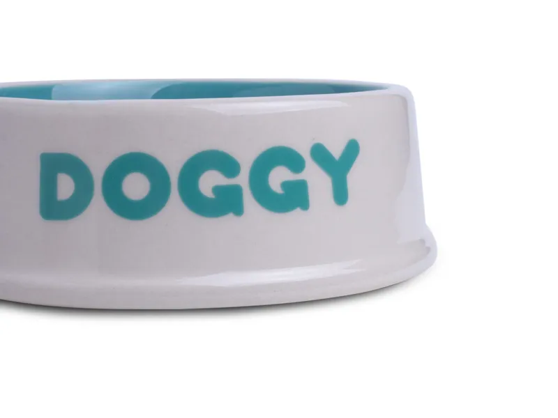 Petface Ceramic Doggy Bowl in Cream and Aqua 13cm-1